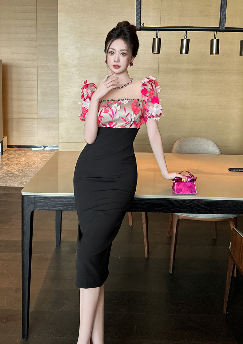 Váy liền nữ tay ngắn thắt eo cổ vuông kiểu Pháp phong cách Hepburn ôm hông — Màu đen chi tiết 6