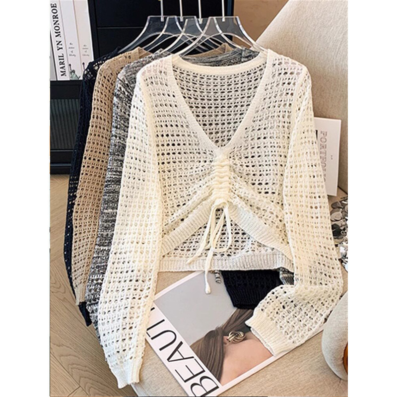 Spring and Summer New Design Hollow-Out Pleated V-Neck Long-Sleeve Knit Sweater for Women, Slim-Fit Pullover Mesh Top