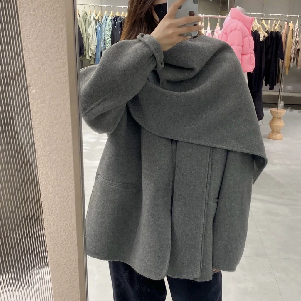 Серый двухсторонний шерстяной шарф-накидка, женское короткое двустороннее шерстяное шаль, пальто