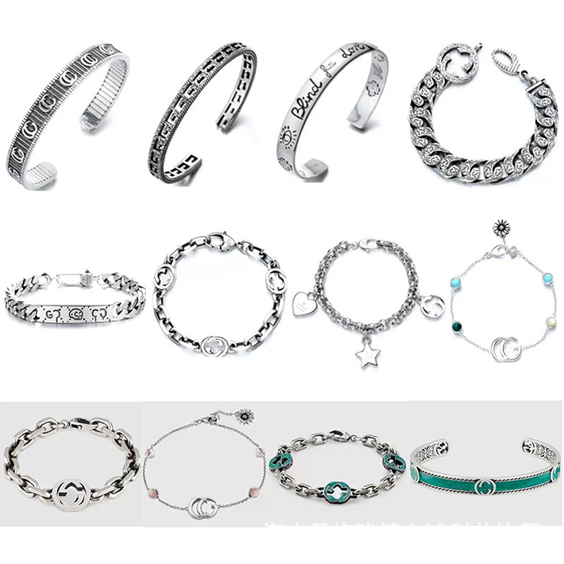 Gucci S925 Sterling Silver Bracelet with Vintage Finish, Unisex Couple Double-G Skull and Daisy Engraved Pattern Green Enamel Bracelet