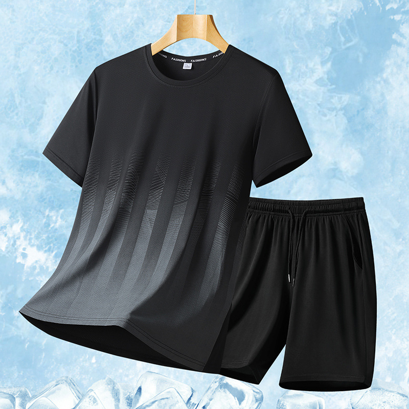 Gran tamaño de verano traje deportivo casual hombre suelto hielo mangas cortas camiseta de hombre pantalones cortos de moda guapo conjunto de dos piezas
