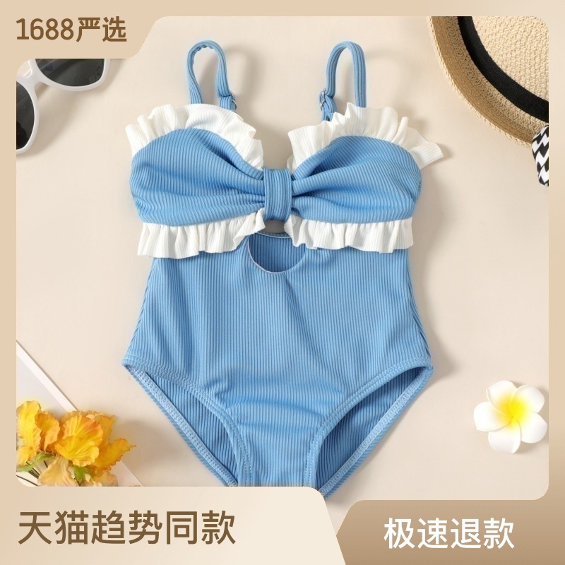 Baby's One-Piece Swimsuit Girls' Wave Dot Flying Edge Backless Bow Girls' Swimsuit Amazon Cross-Border Swimsuit