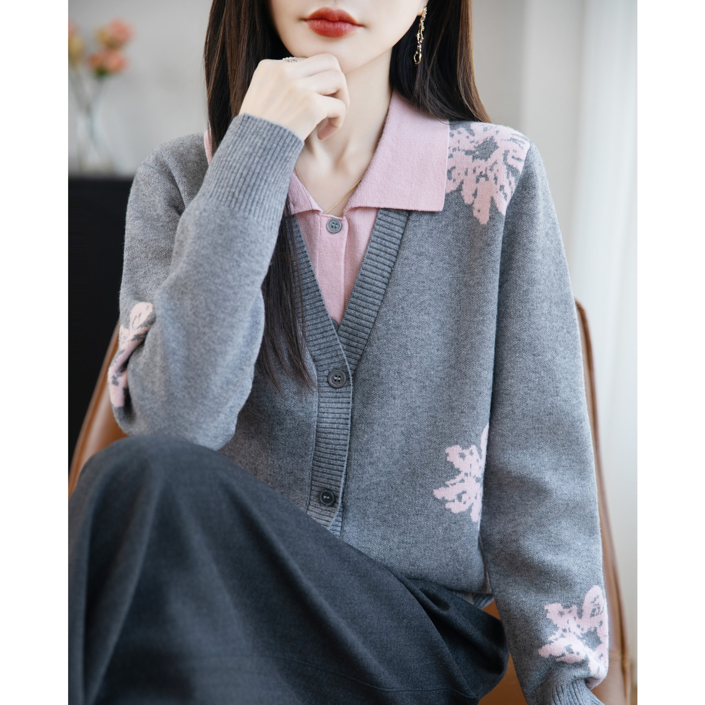 2025秋冬新款提花撞色假两件针织衫女韩版翻领高级感开衫上衣其他