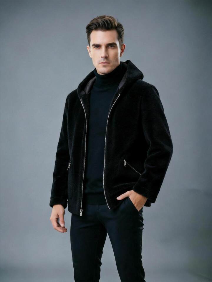 Áo khoác jacket nam dày dặn hai mặt mặc được có mũ, dáng rộng, dài áo 50–65 cm — Màu cà phê, màu đen chi tiết 7