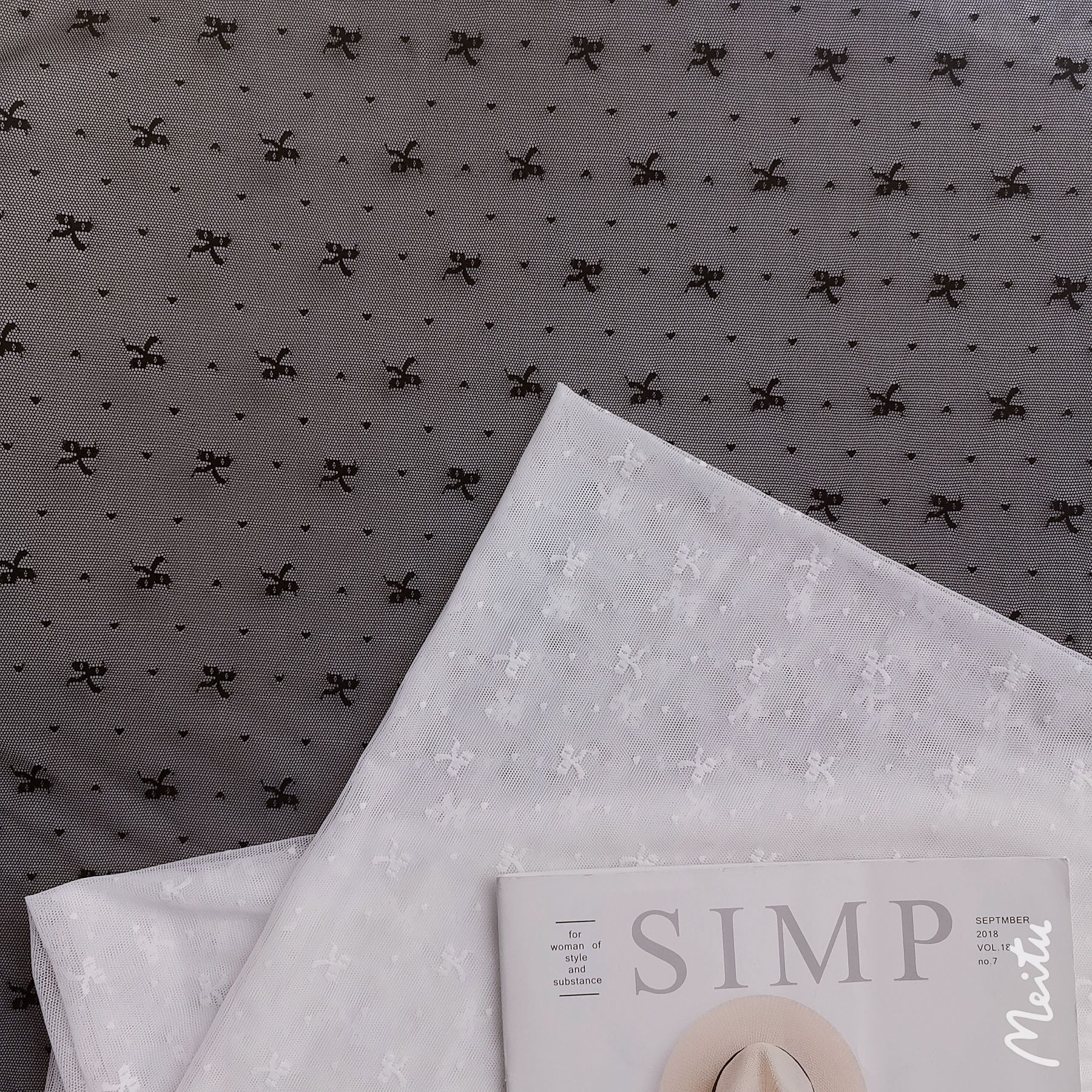 新款~好品质28针密版锦氨弹力小蝴蝶结点点提花网布 柔软亲肤面料