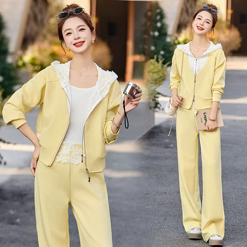 Модный повседневный костюм 2025 года: толстовка с капюшоном на молнии, имитация двухслойного костюма, широкие прямые брюки # 903