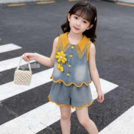 女童夏装套装2026新款洋气儿童网红镂空牛仔两件套小女孩夏季衣服