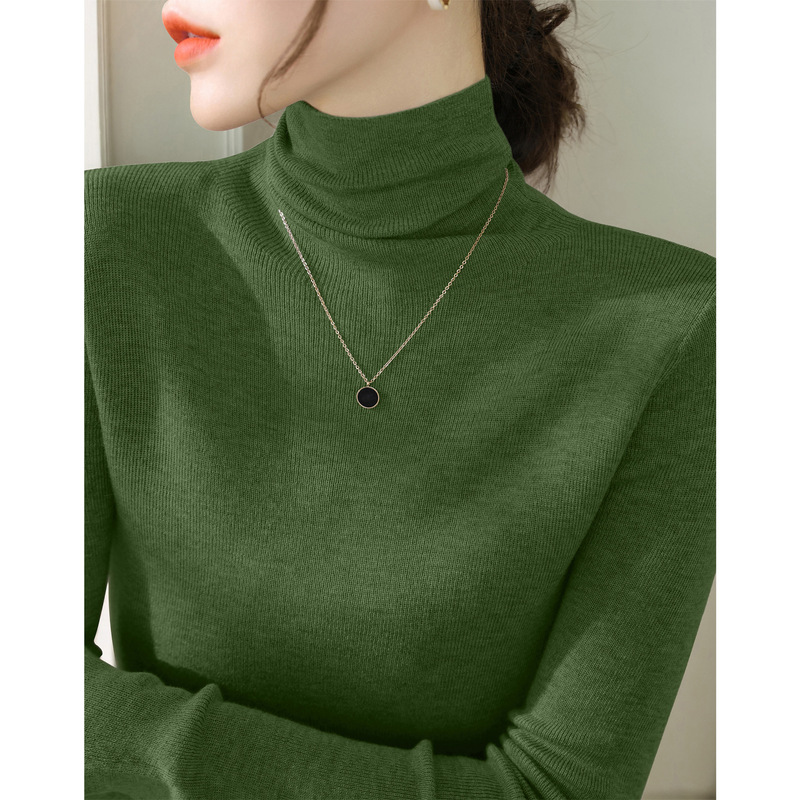 2025 New Winter Top Pullover Pile Collar Knitwear with Bottoming Pea Green Slim Long-Sleeved Knitwear for Women