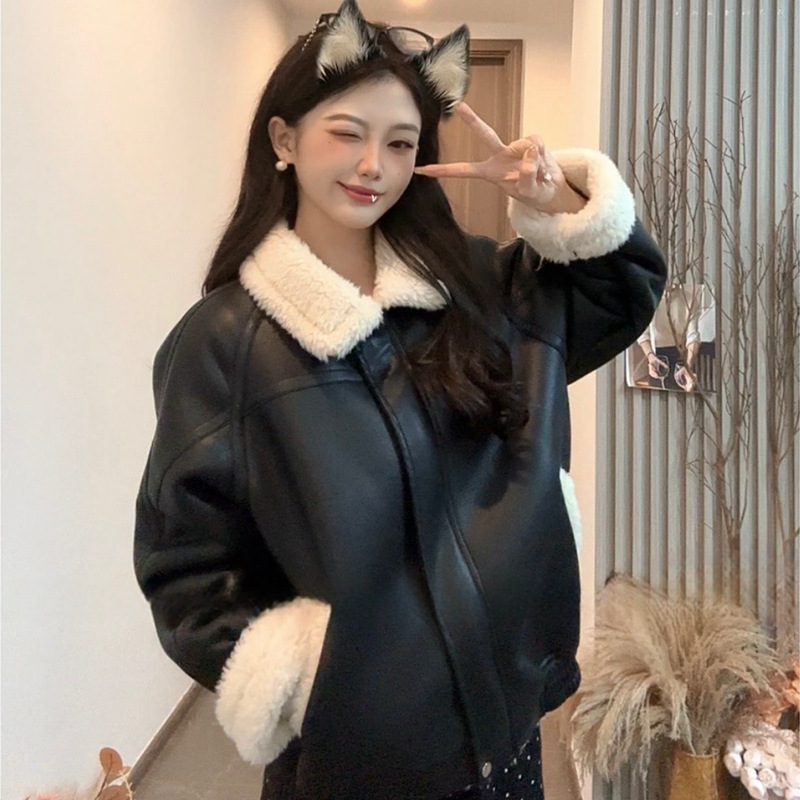 Korean Style Lapel Fur One-Piece Leather Jacket for Women Autumn and Winter New Velvet Thickeneded Jacket Motorcycle Jacket Top