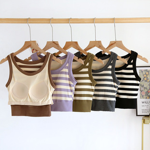 Vest with Chest Pad Women's Striped Inner High Waist Suspenders Rimless Slim-fit Sleeveless Base Shirt Tank Short Top