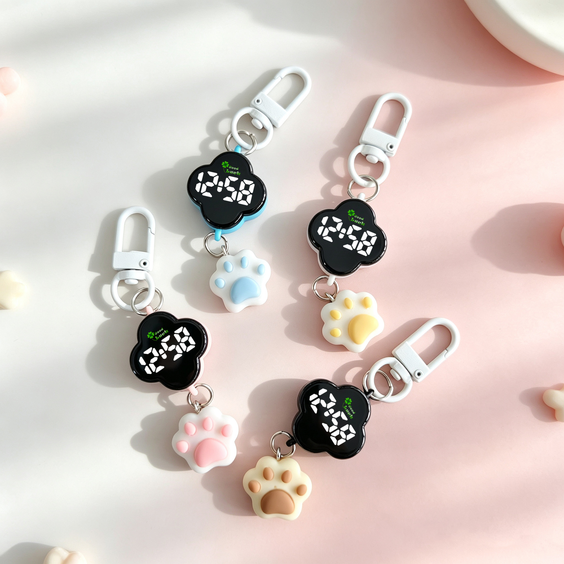 New Mini Wall Clock Cartoon Cute Student Silent High-Value Cat Paw Accessory Pendant Four-Leaf Clover Small Clock