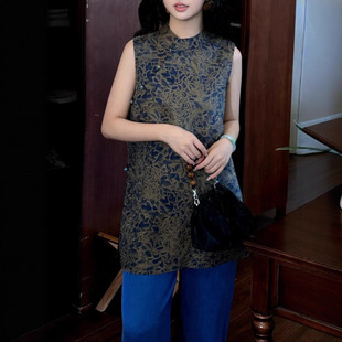 Mulberry Silk Red Cloud Floral Mid-Length Top Retro New Chinese Style National Retro Print Classic Ao Dai Vest for Women