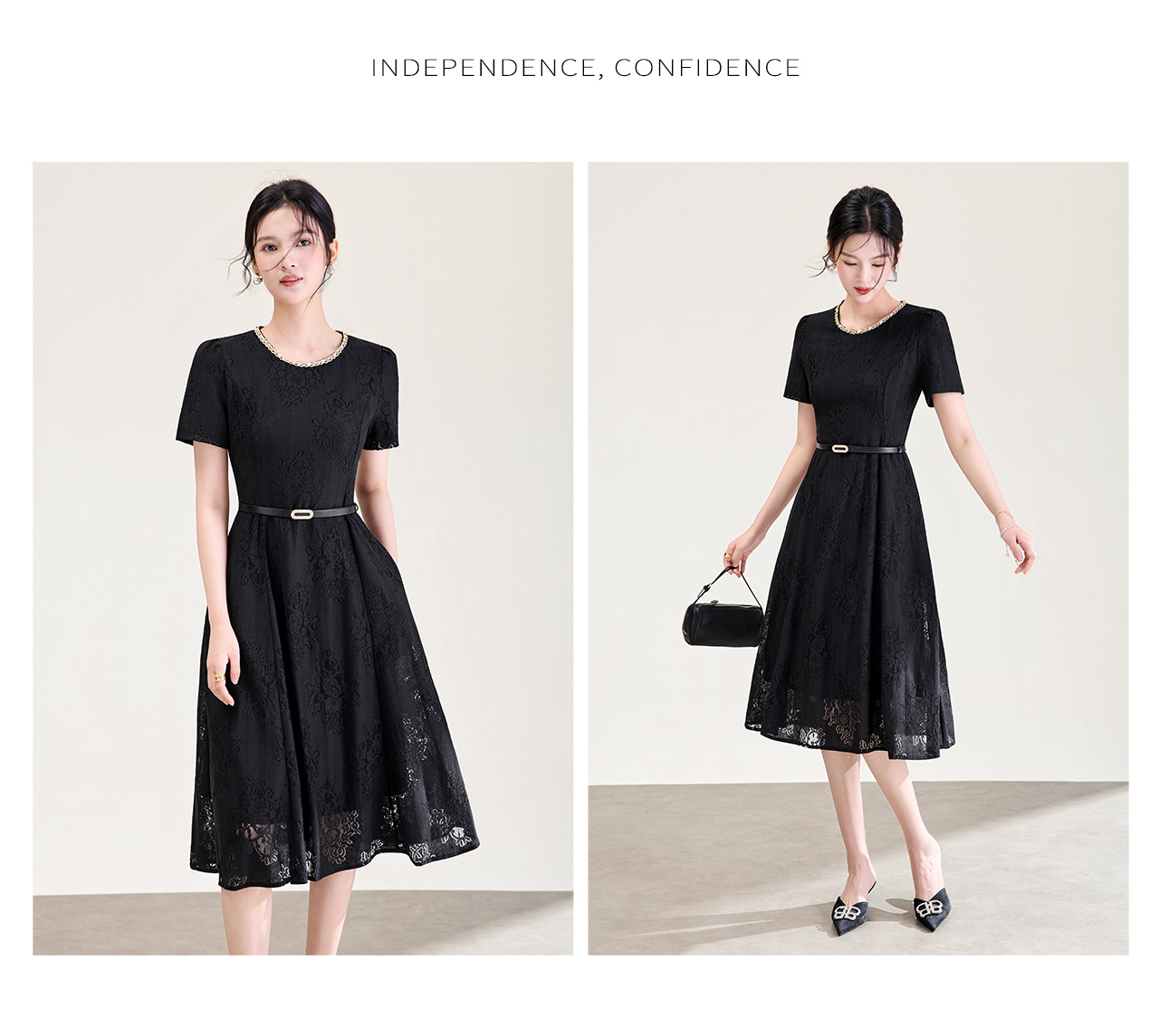 Đầm suông nữ midi thắt eo ren đính đá jacquard chữ A — màu đen chi tiết 13