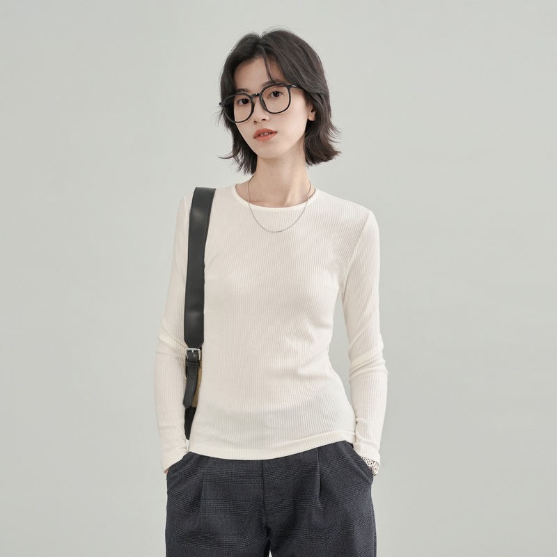 弹力针织长袖T恤女圆领外穿通勤修身显瘦坑条螺纹正肩打底衫上衣|undefined