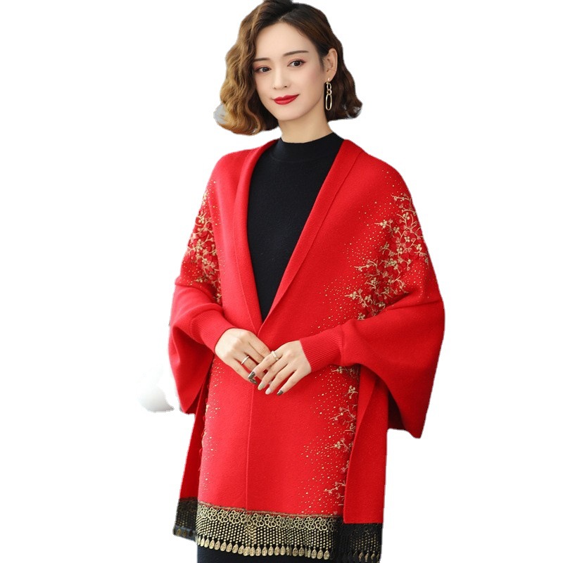 Bordado borla capa de malha capa manga morcego engrossado camisola casaco cardigan_voghion.com