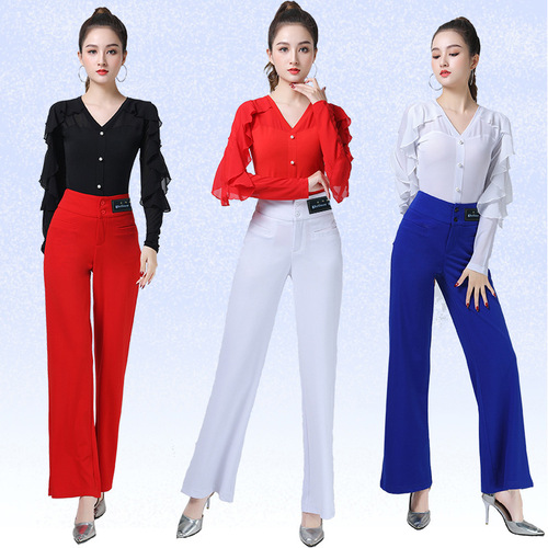 Square dance modern dance tops new women's black red lotus leaf long-sleeved tops elegant Jitterbug Latin dance clothes