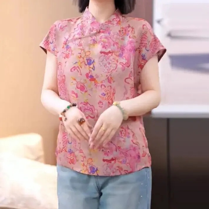 新しい中国風のシルクシャツ女性の半袖夏の新しいハイエンドスタンドカラーボタンダウンシャツ中国風の桑シルクトップ|undefined