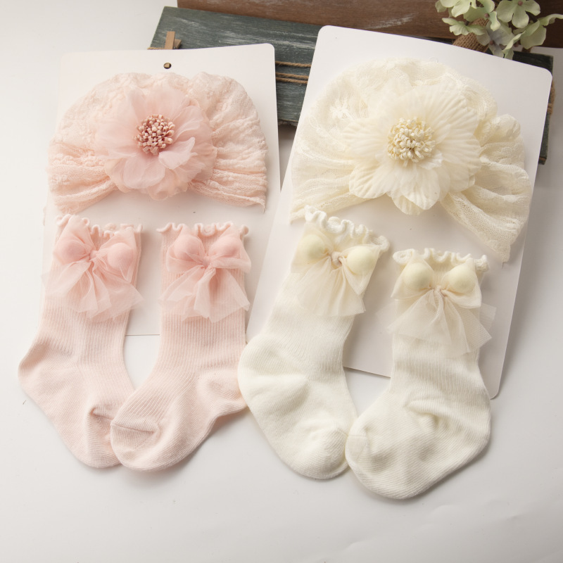 New Summer Baby Hat Cute Lace Princess Baby Girl Fetal Cap Newborn Protective Fontanel Indian Hat Socks