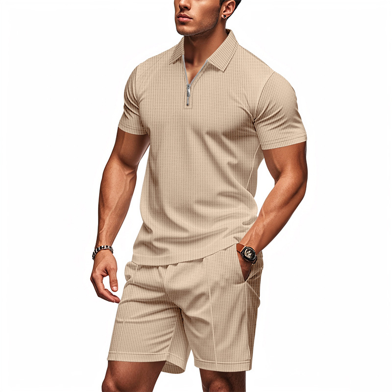 Summer Polo Men's Suit Loose Fit Zip Up Short Sleeved American Waffle Clothing For Men Shorts Included_voghion.com