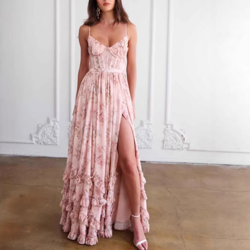 2026 New Cross-Border Style Seaside Vacation Deep V-Neck Printed Spaghetti Strap Dress with a Very Stylish and Attractive Waist-Cinching Design