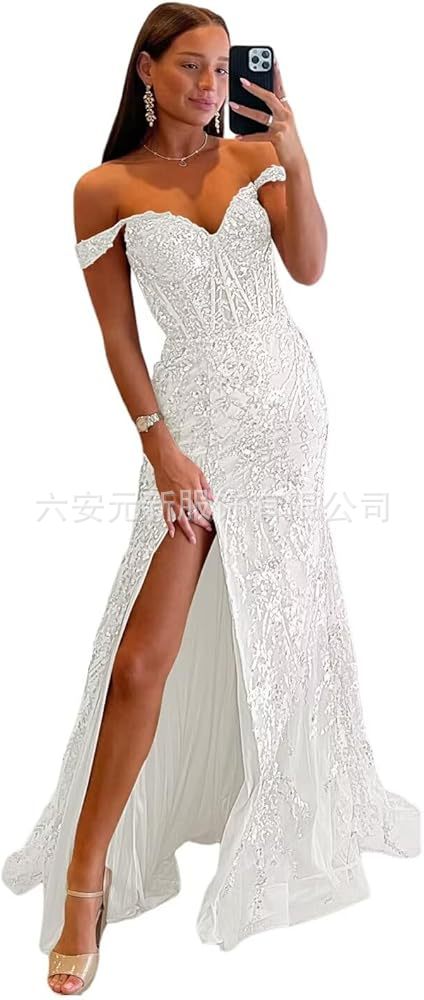 Comercio exterior europeo y americano Amazon hombro abierto vestido de baile largo de diafragma de encaje decal de mujer vestido de noche de cola de pescado