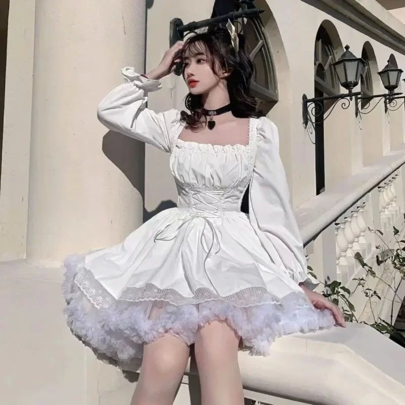 Fashion Sweet Puff Sleeve Dress Ladies Square Collar Party Clothing Lolita Cute White Princess Dress Fashion Sweet Puff Sleeve Dress Ladies Square Collar Party Clothing Lolita Cute White Princess Dress