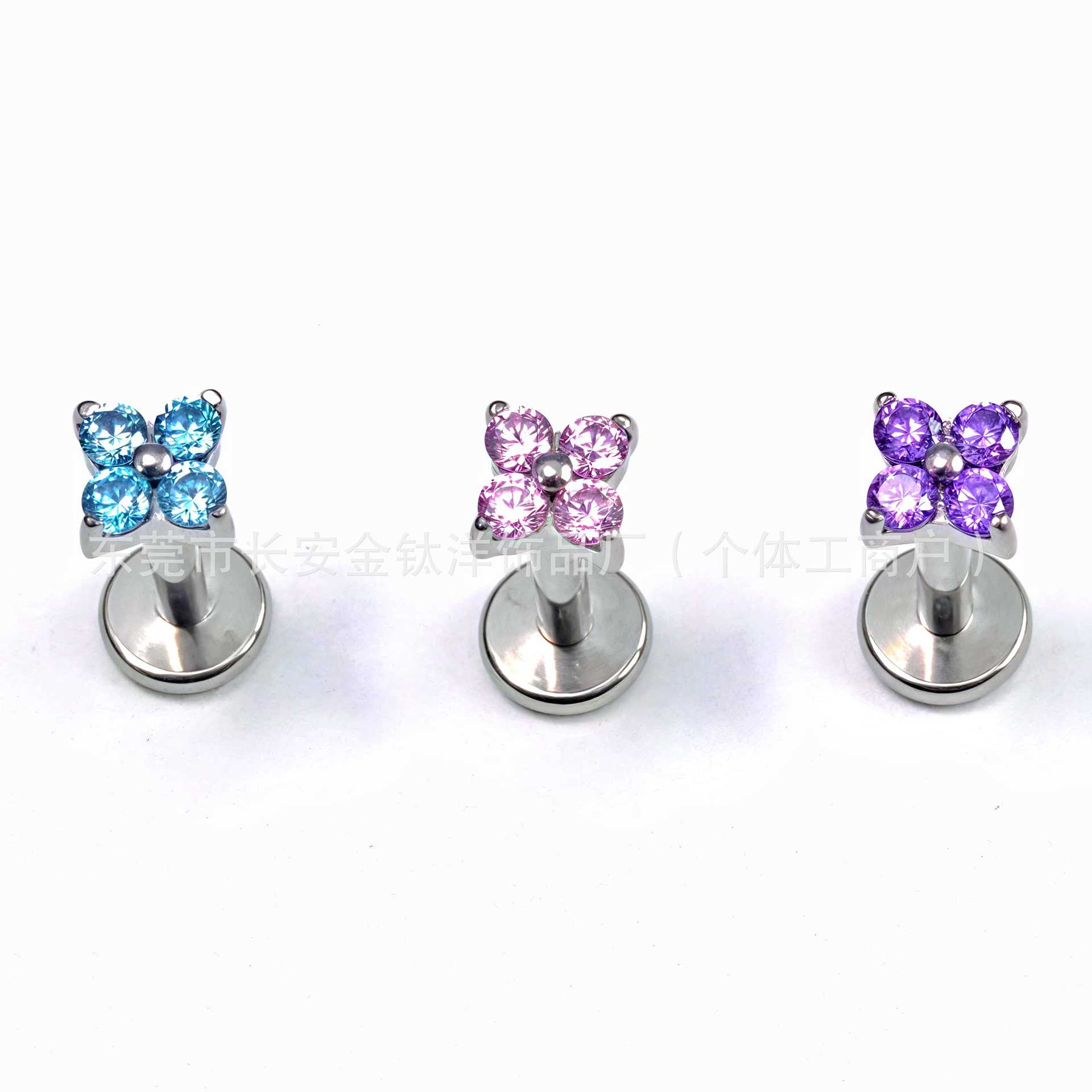F136 Titanium Four-Leaf Clover Inlaid with 5A Zircon Lip Nail Earrings Ear Bone Nail G23 Titanium Alloy Ear Bone Piercing Jewelry detail image 7