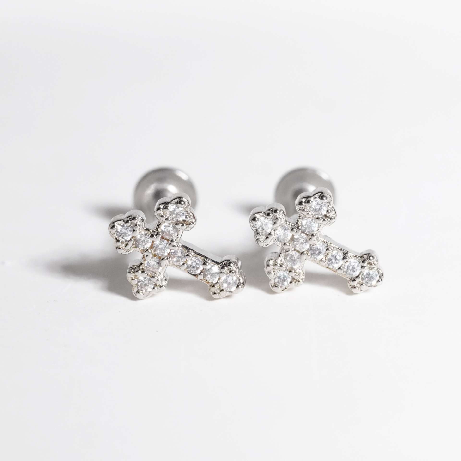 Cross Stud Earring With Zircon, Gold Plated Copper Cartilage Stud_voghion.com