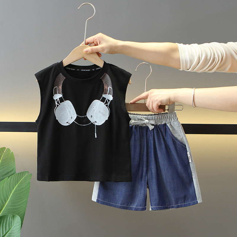 7870 traje de verano para niños 2025 nuevo chaleco casual para niños bebé guapo y fresco traje de dos piezas de verano