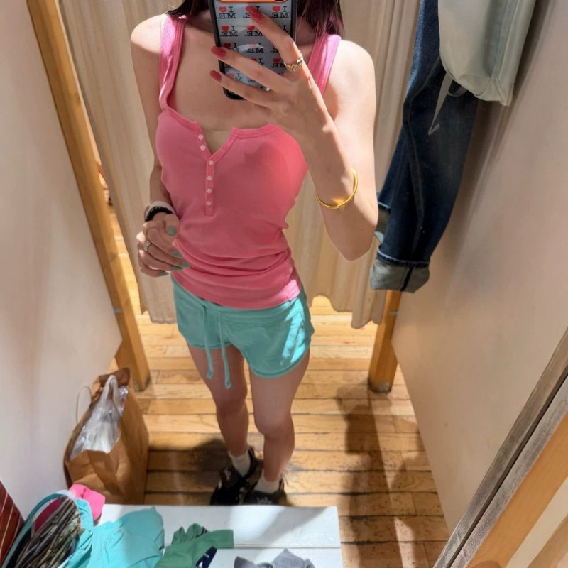 American-style mint green drawstring shorts for women, summer design, loose and slimming, trendy sports pants, casual straight-leg trousers