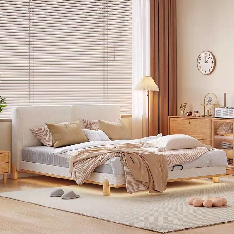 現代簡約燈芯絨實木床北歐小戶型主臥奶油原木風軟包白蠟木雙人床