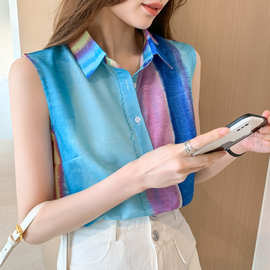 实拍2023夏季新款韩版时尚彩色无袖衬衫女洋气雪纺打底衫内搭上衣