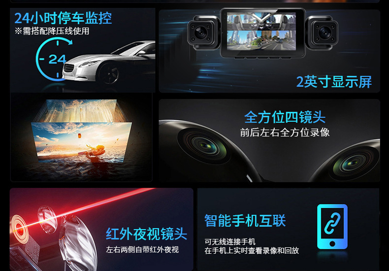 Cross-border 1080P four-lens four-record dashcam with WiFi connection, high-definition night vision, wide-angle reversing image