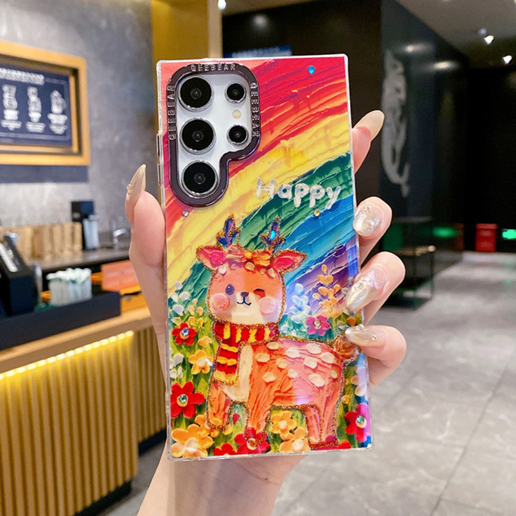 For Samsung S25Ultra Phone Case Oil Painting Cartoon Animal Blue Light Rhinestone Drop Glue New A56 Protective Case