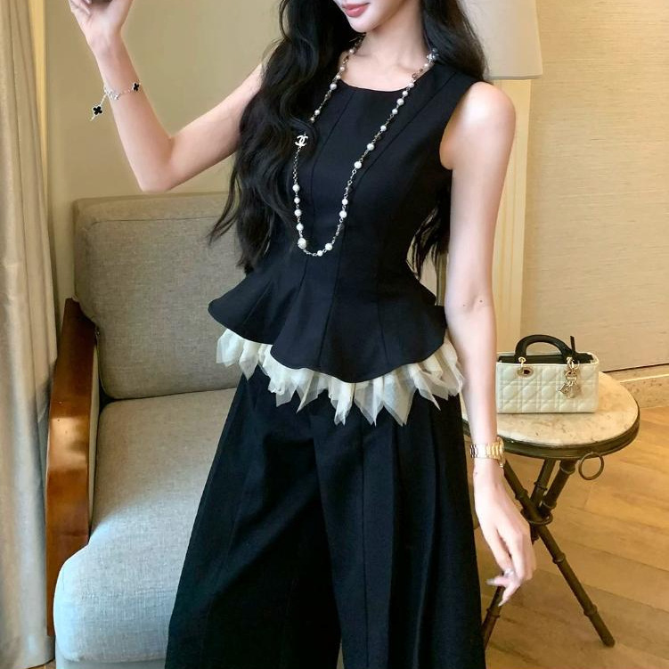 Barbchill "Jennie Style" Three-Dimensional Cut Heavy-Duty Sleeveless Top Vest + Wide-Leg Pants