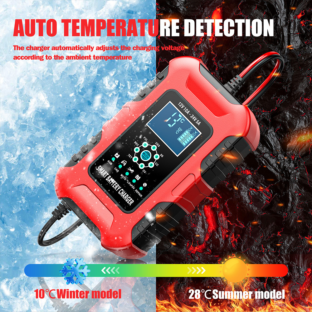 12V10A 24V5A battery charger, lead-acid battery charging and pulse repair device, red, European standard
