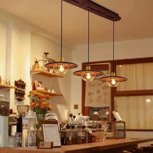 Walnut wood color popular lightweight luxury small living room dining room minimalist lighting Nordic style three-arm dining pendant lamp