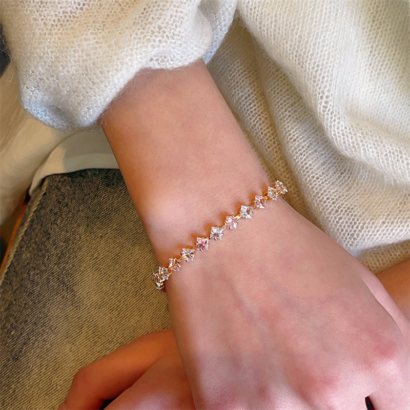 Pink Cherry Blossom Zircon Bracelet, Electroplated with 18K Real Gold, High-End Exquisite Sparkling Diamond Jewelry