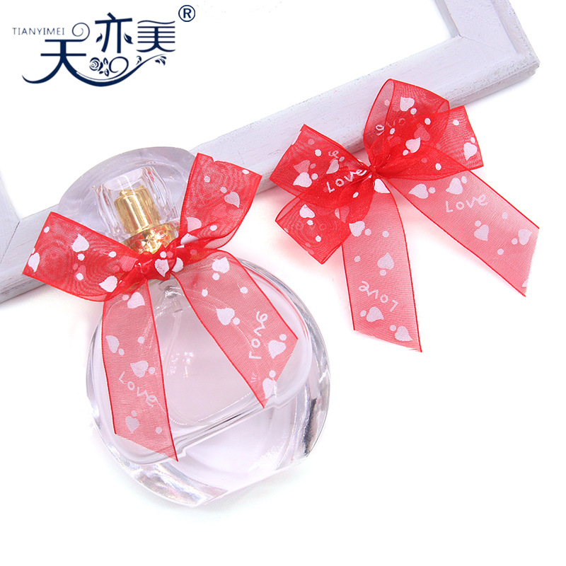 Tianyimei lote procesamiento rojo cinta arco 2,5 cm hilado con arco de regalo de corazón de melocotón impreso