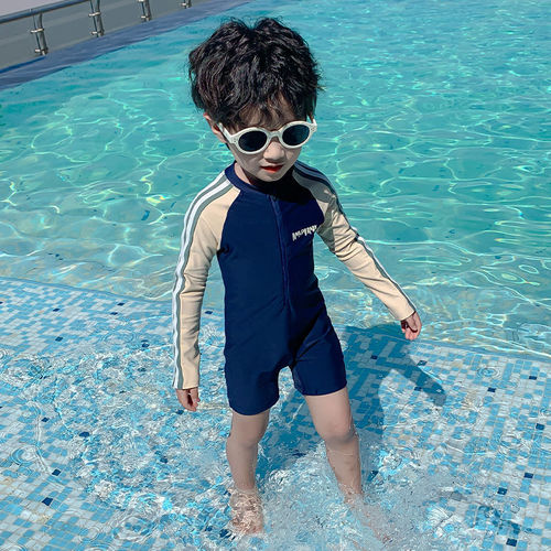 Children's swimwear for boys, long-sleeve quick-dry 2025 one-piece swimsuit for babies and young children, beach and sand swimwear