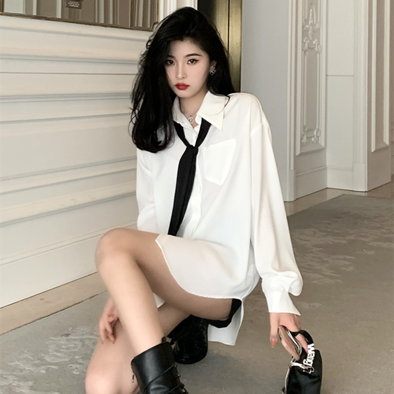 Tie White Shirt Women's Spring & Fall New Preppy Style Loose High-End Drape-Free Mid-Length Chiffon Top