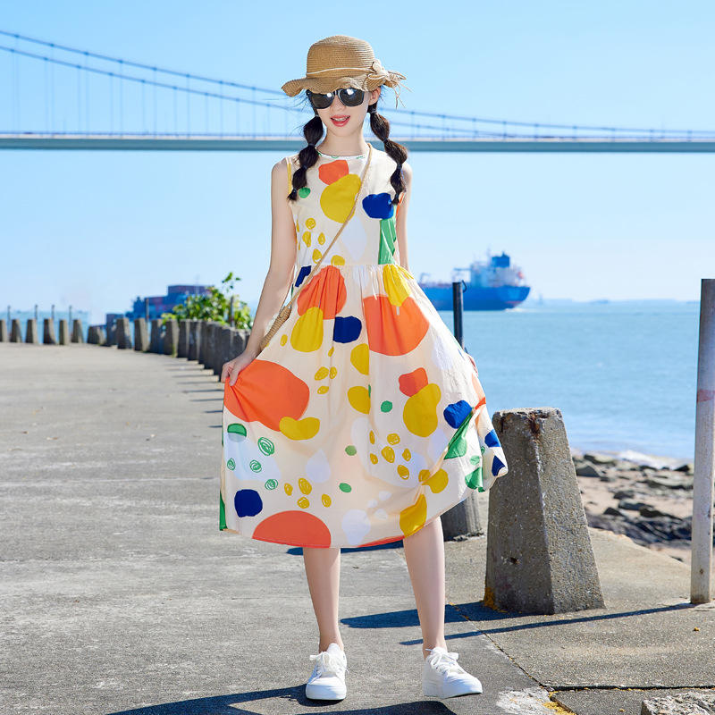 Corea del Sur ropa de los niños vestido las niñas falda graffiti 2024 verano nuevas niñas mayores de los niños sin mangas chaleco falda