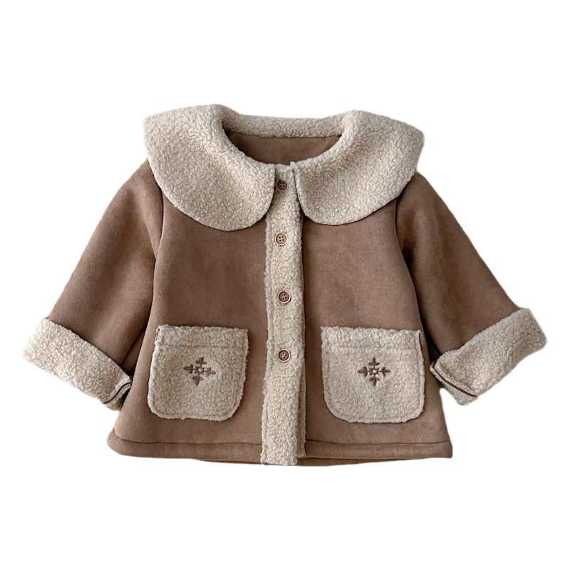 Invierno 2023 Nuevo abrigo de niñas pequeños y medianos niños bebés niñas bordados solapa imitación deerskin fleece-forrado abrigo caliente
