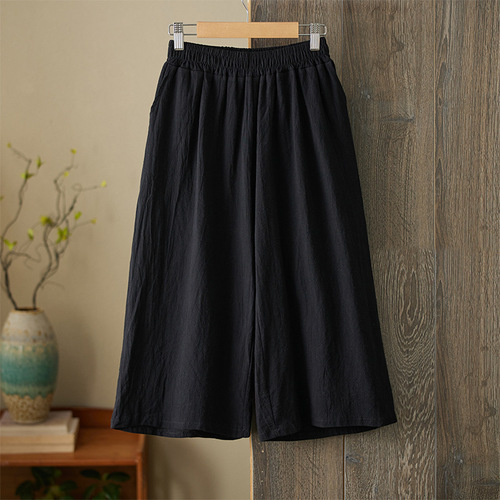 Summer 2025 Cotton Linen Wide Leg Pants Loose High-Waist Literary Simple Solid Color Seven-Foot Retro Elegant Versatile Casual Pants