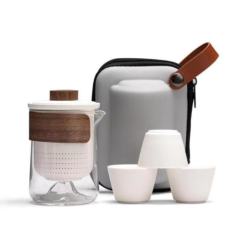 Tang and Song Dynasty Style Portable Ceramic Tea Set with Glass Travel Tea Cups, Complete Set for Outdoor Use