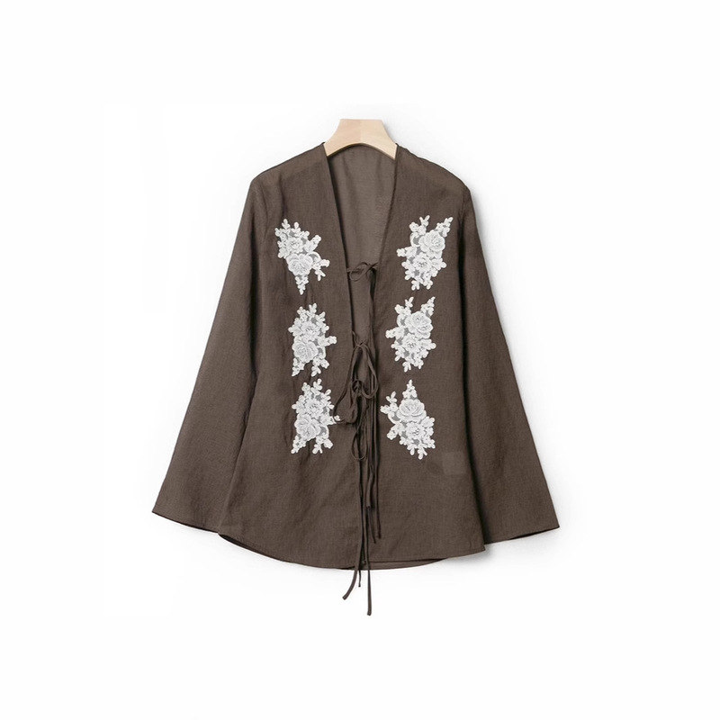 New Style of Shirt with Hazy and Slim Fit, Hand-Stitched Lace Floral Embroidery, Bell Sleeves, Ribbon, and V-Neck