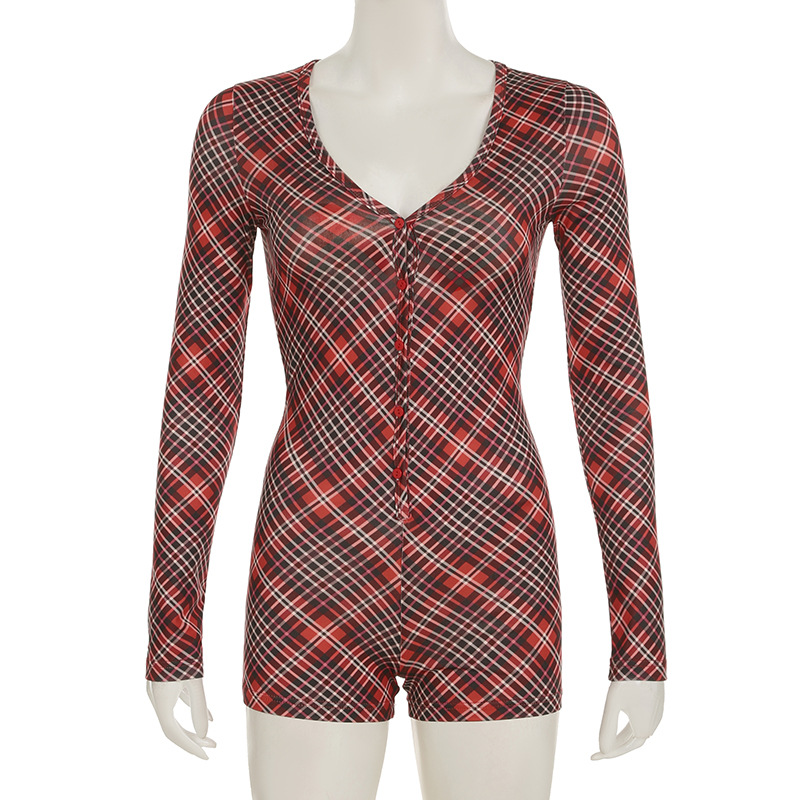 Mono navideño de manga larga con cuello en V y estampado navideño para mujer