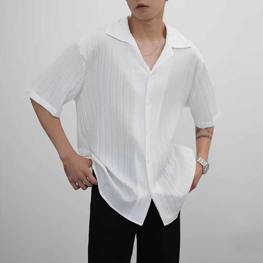Herren Kurzarm Freizeithemd Mit Textur In Schwarz Weiss_voghion.com