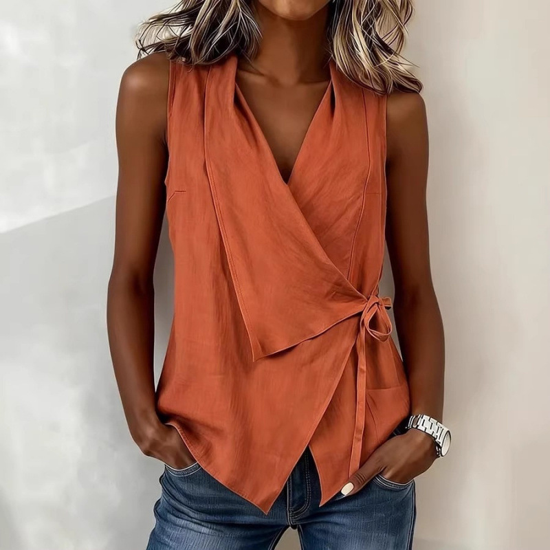 In stock 2026 summer new cross-border Amazon spring-summer European and American women's clothing solid color sleeveless tie casual shirt In stock 2026 summer new cross-border Amazon spring-summer European and American women's clothing solid color sleeveless tie casual shirt