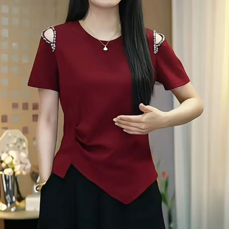 純綿大きいサイズヨーロッパビーズオフショルダー半袖 Tシャツ女性のための 2025 夏の新しいルーズ痩身ファッショナブルなトップス女性のための|undefined